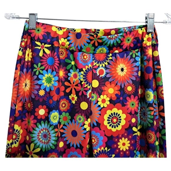Vintage-Inspired Disco Flared Pants With Multicolor Floral Print Size S Boho Hip - Picture 4 of 11